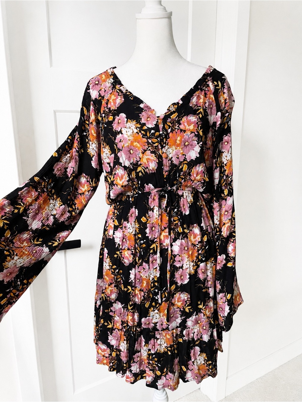 Kori Black Floral Long Sleeve Mini Dress with Pink & Orange Blooms
